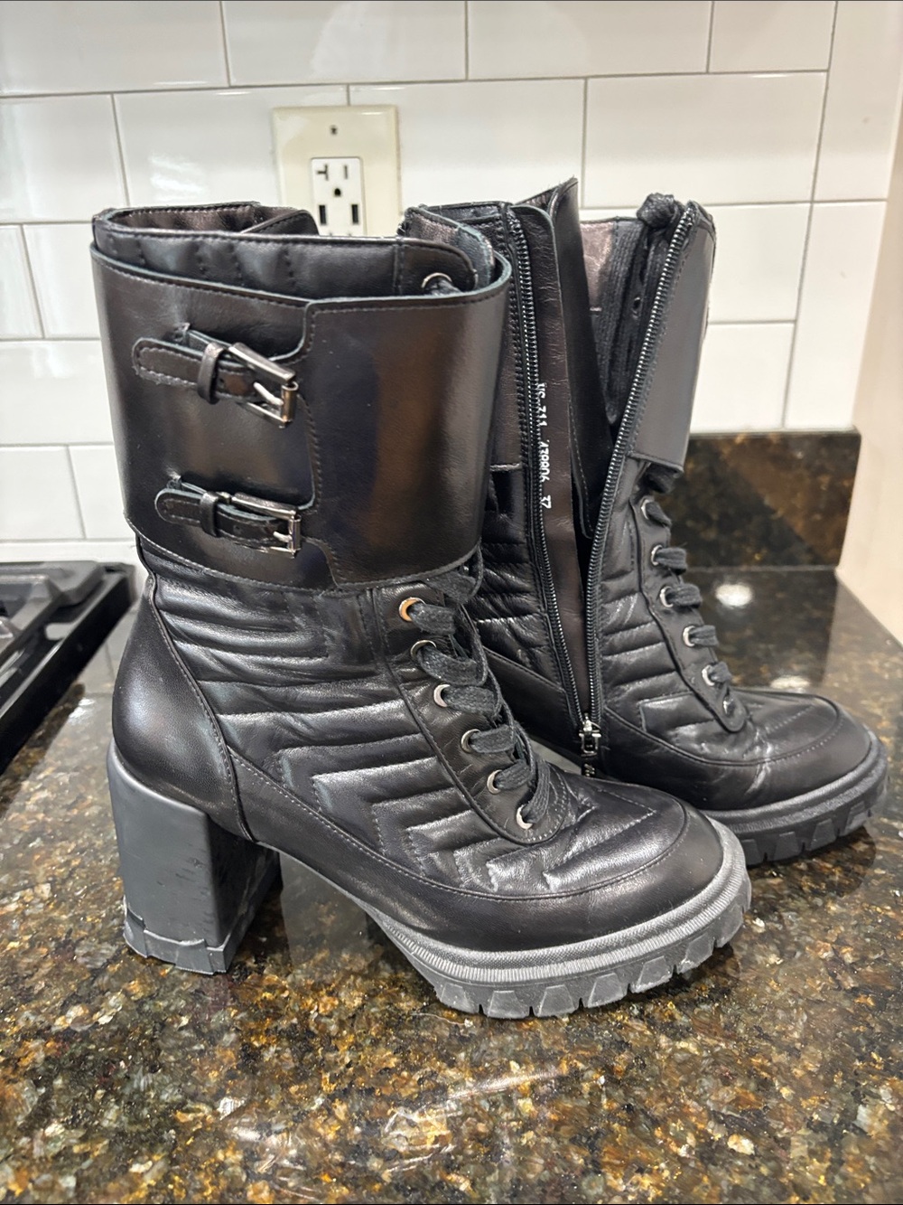 Black Leather Lace-Up Combat Boots – Chunky Heel & Buckle Detail